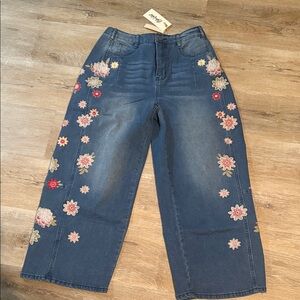 Blue Velvet Floral Embroidered Blue Jeans NWT - small